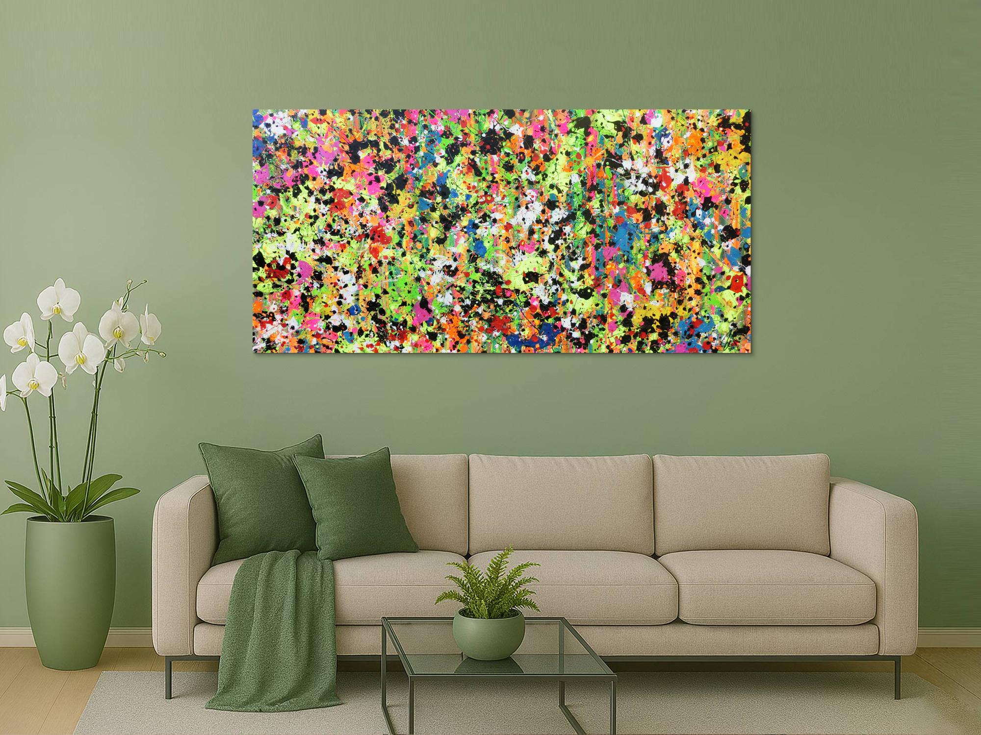 Abstraktes Original Gemälde 90x190cm Action Painting zeitgenössisch auf Leinwand Splash Art bunt hellgrün pink Einzelstück