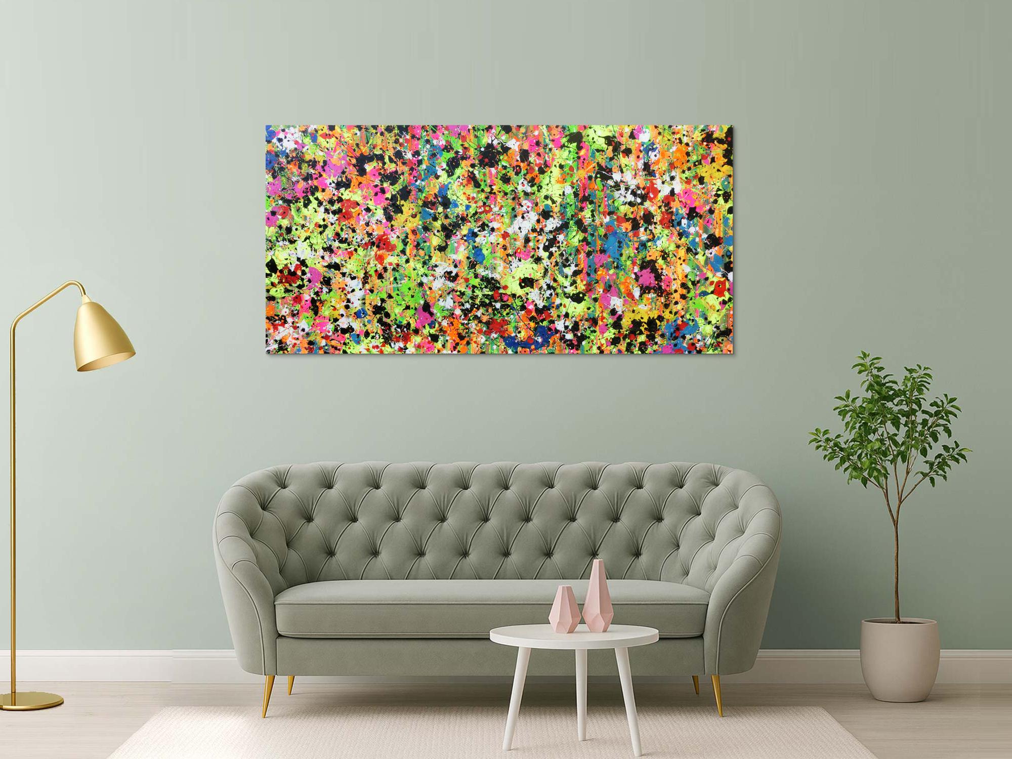 Abstraktes Original Gemälde 90x190cm Action Painting zeitgenössisch auf Leinwand Splash Art bunt hellgrün pink Einzelstück