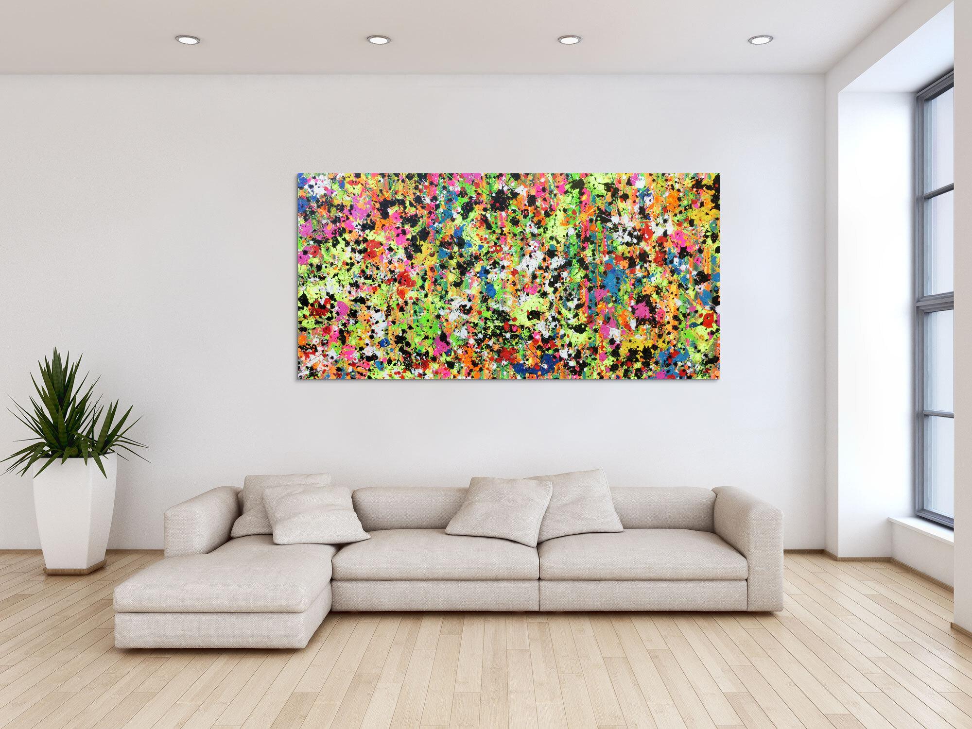 Abstraktes Original Gemälde 90x190cm Action Painting zeitgenössisch auf Leinwand Splash Art bunt hellgrün pink Einzelstück
