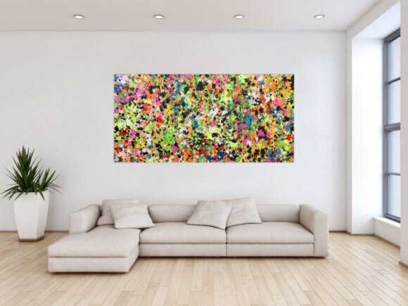 Abstraktes Original Gemälde 90x190cm Action Painting zeitgenössisch auf Leinwand Splash Art bunt hellgrün pink Einzelstück