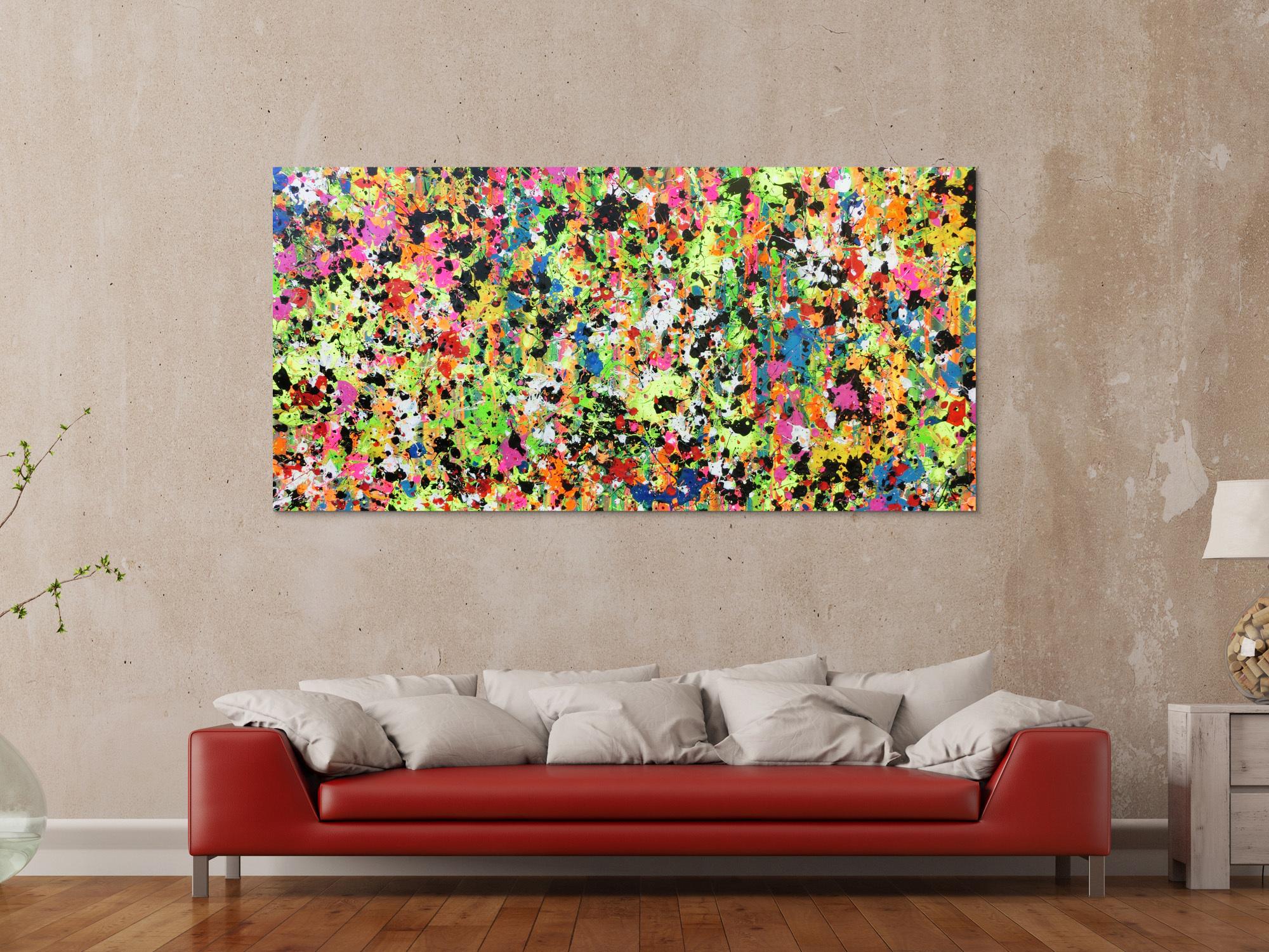 Abstraktes Original Gemälde 90x190cm Action Painting zeitgenössisch auf Leinwand Splash Art bunt hellgrün pink Einzelstück