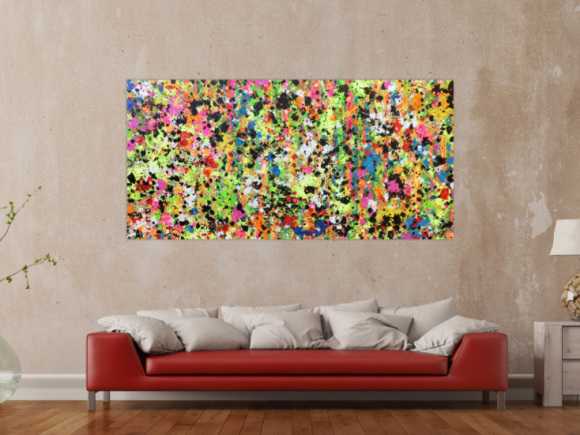 Abstraktes Original Gemälde 90x190cm Action Painting zeitgenössisch auf Leinwand Splash Art bunt hellgrün pink Einzelstück