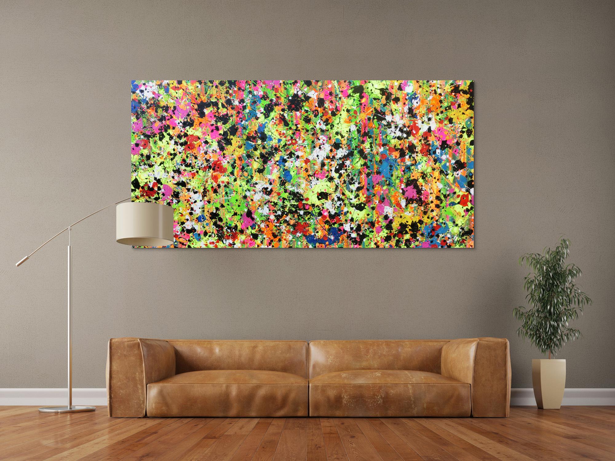 Abstraktes Original Gemälde 90x190cm Action Painting zeitgenössisch auf Leinwand Splash Art bunt hellgrün pink Einzelstück