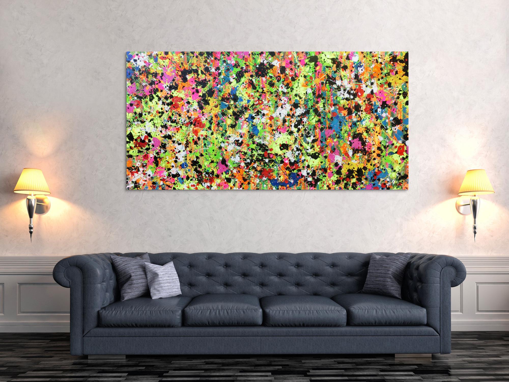 Abstraktes Original Gemälde 90x190cm Action Painting zeitgenössisch auf Leinwand Splash Art bunt hellgrün pink Einzelstück