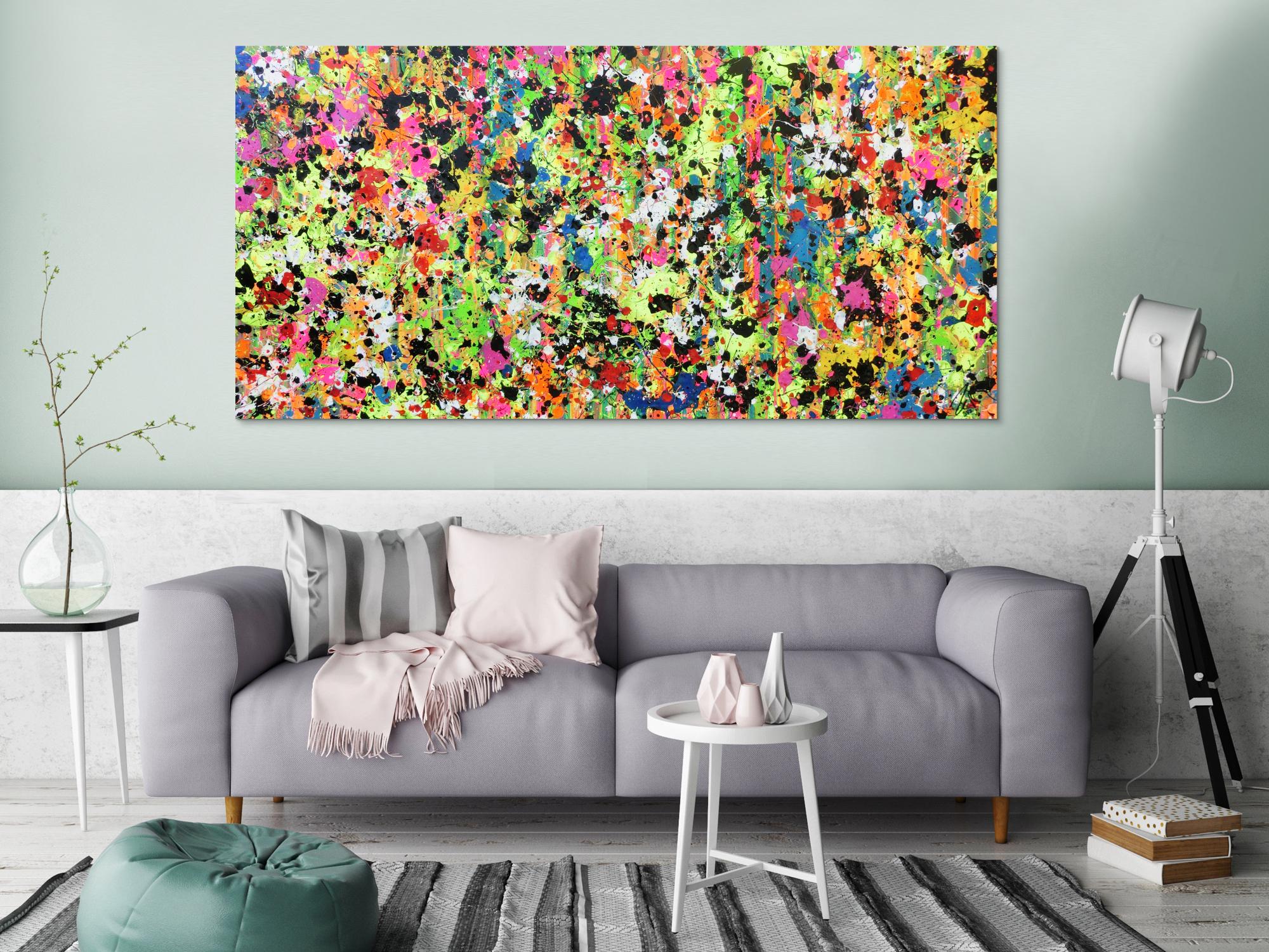 Abstraktes Original Gemälde 90x190cm Action Painting zeitgenössisch auf Leinwand Splash Art bunt hellgrün pink Einzelstück