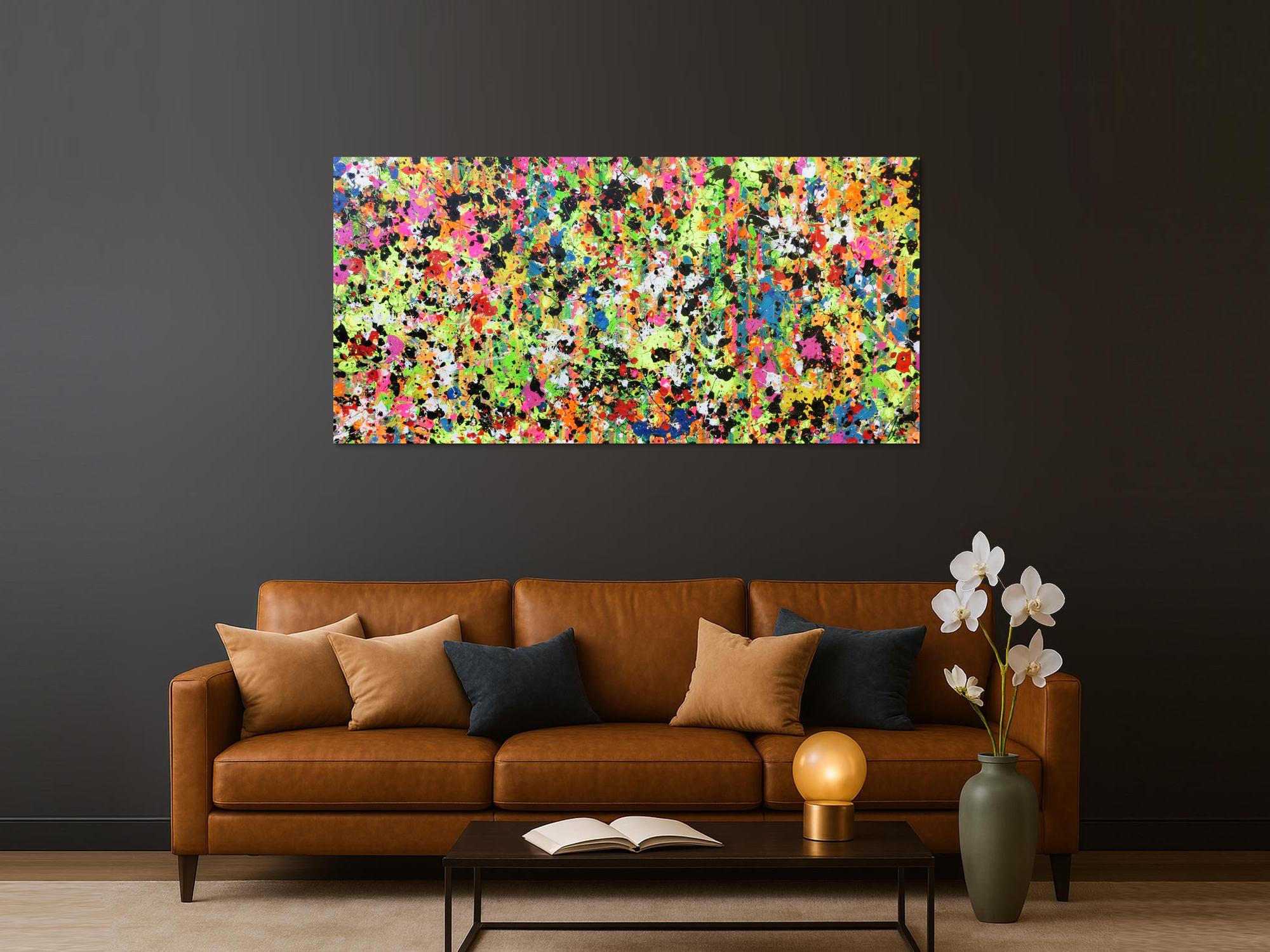 Abstraktes Original Gemälde 90x190cm Action Painting zeitgenössisch auf Leinwand Splash Art bunt hellgrün pink Einzelstück