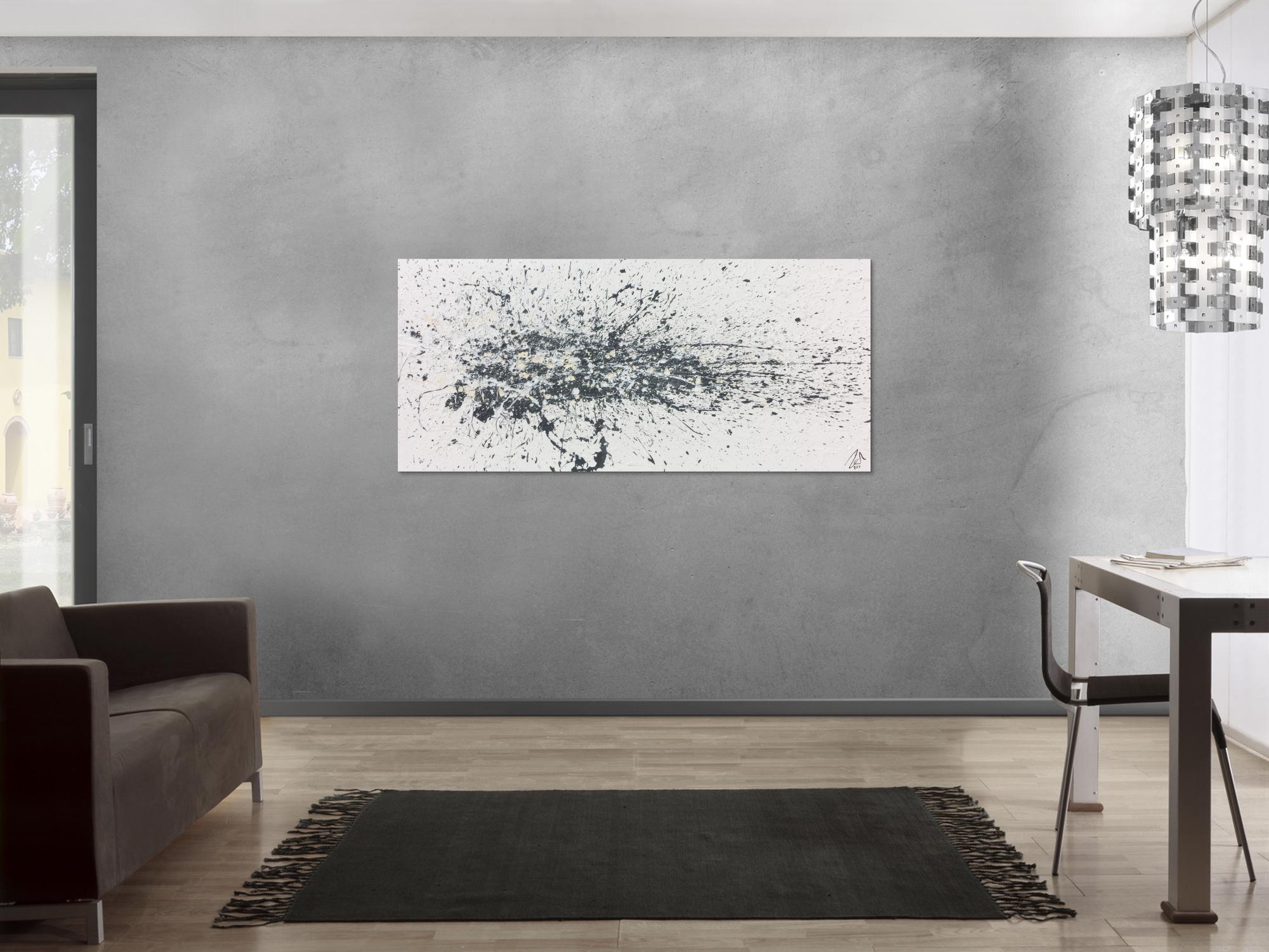 Abstraktes Acrylbild Actionpainting schlicht weiß grau beige