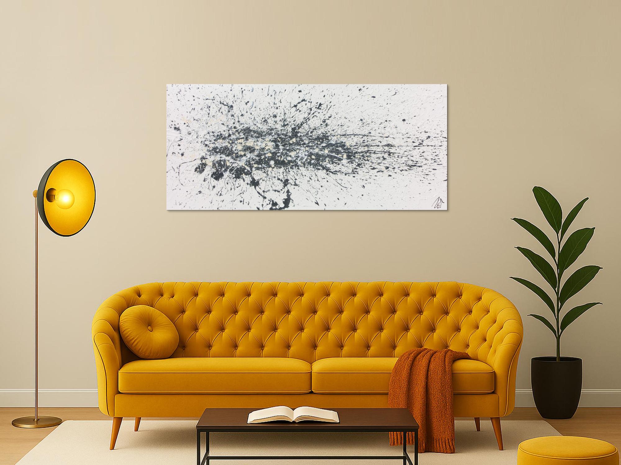 Abstraktes Acrylbild Actionpainting schlicht weiß grau beige