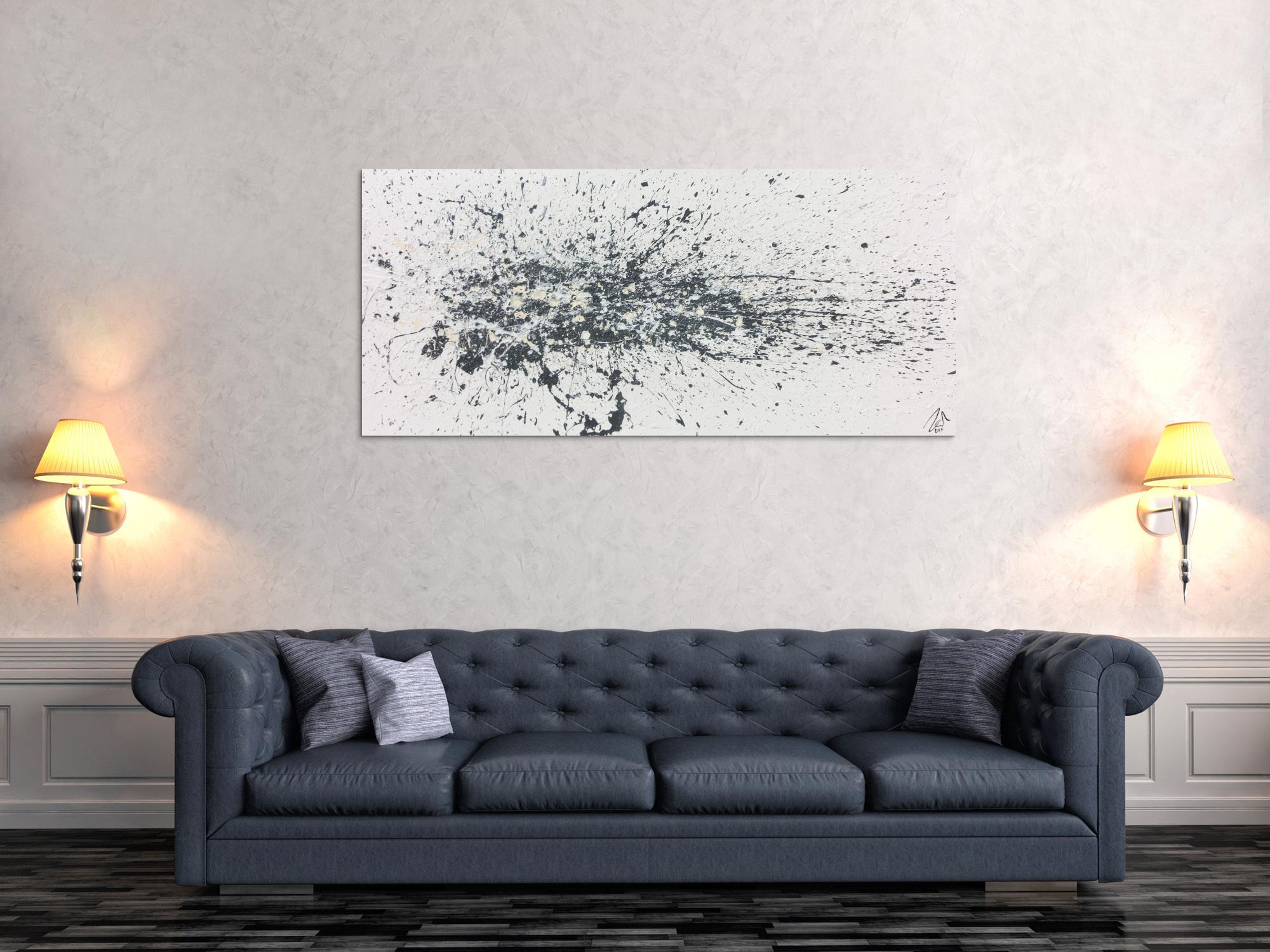 Abstraktes Acrylbild Actionpainting schlicht weiß grau beige