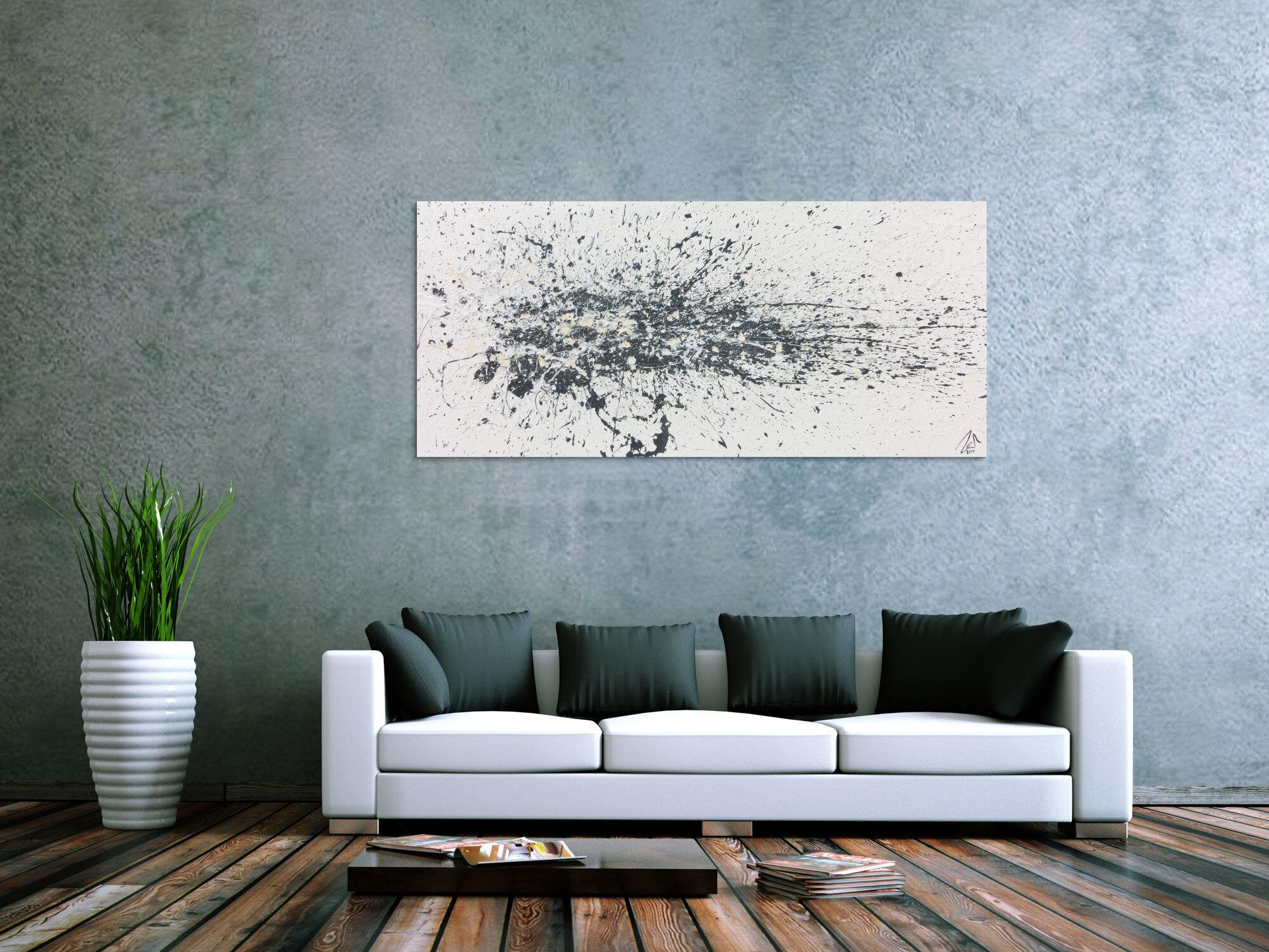 Abstraktes Acrylbild Actionpainting schlicht weiß grau beige