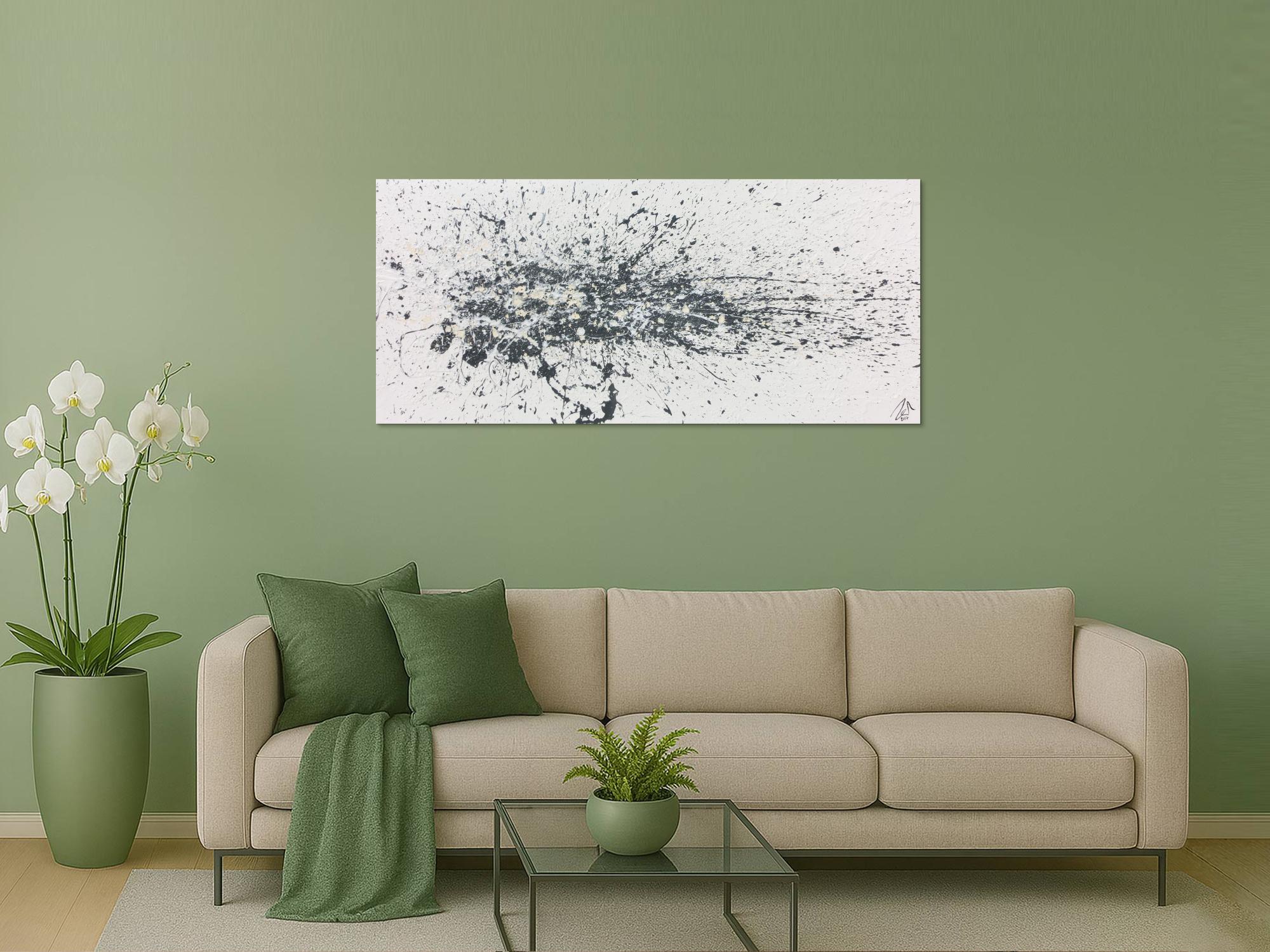 Abstraktes Acrylbild Actionpainting schlicht weiß grau beige