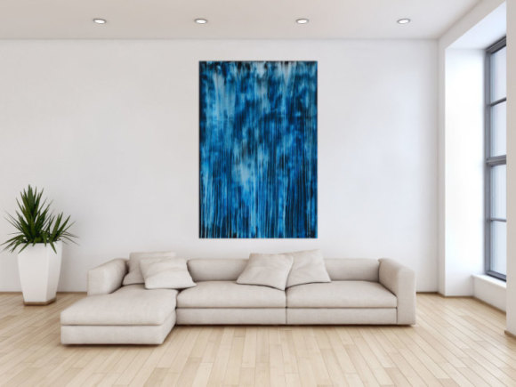 Original Gemälde abstrakt 150x100cm Minimalistisch expressionistisch auf Leinwand Mischtechnik blau hellblau türkis hochwertig