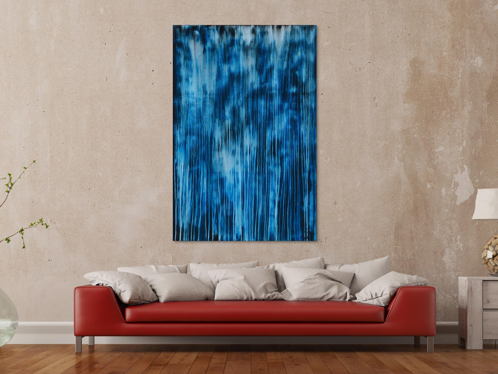 Original Gemälde abstrakt 150x100cm Minimalistisch expressionistisch auf Leinwand Mischtechnik blau hellblau türkis hochwertig