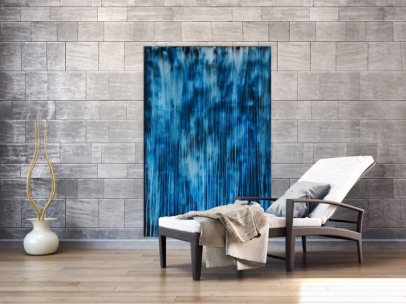 Original Gemälde abstrakt 150x100cm Minimalistisch expressionistisch auf Leinwand Mischtechnik blau hellblau türkis hochwertig