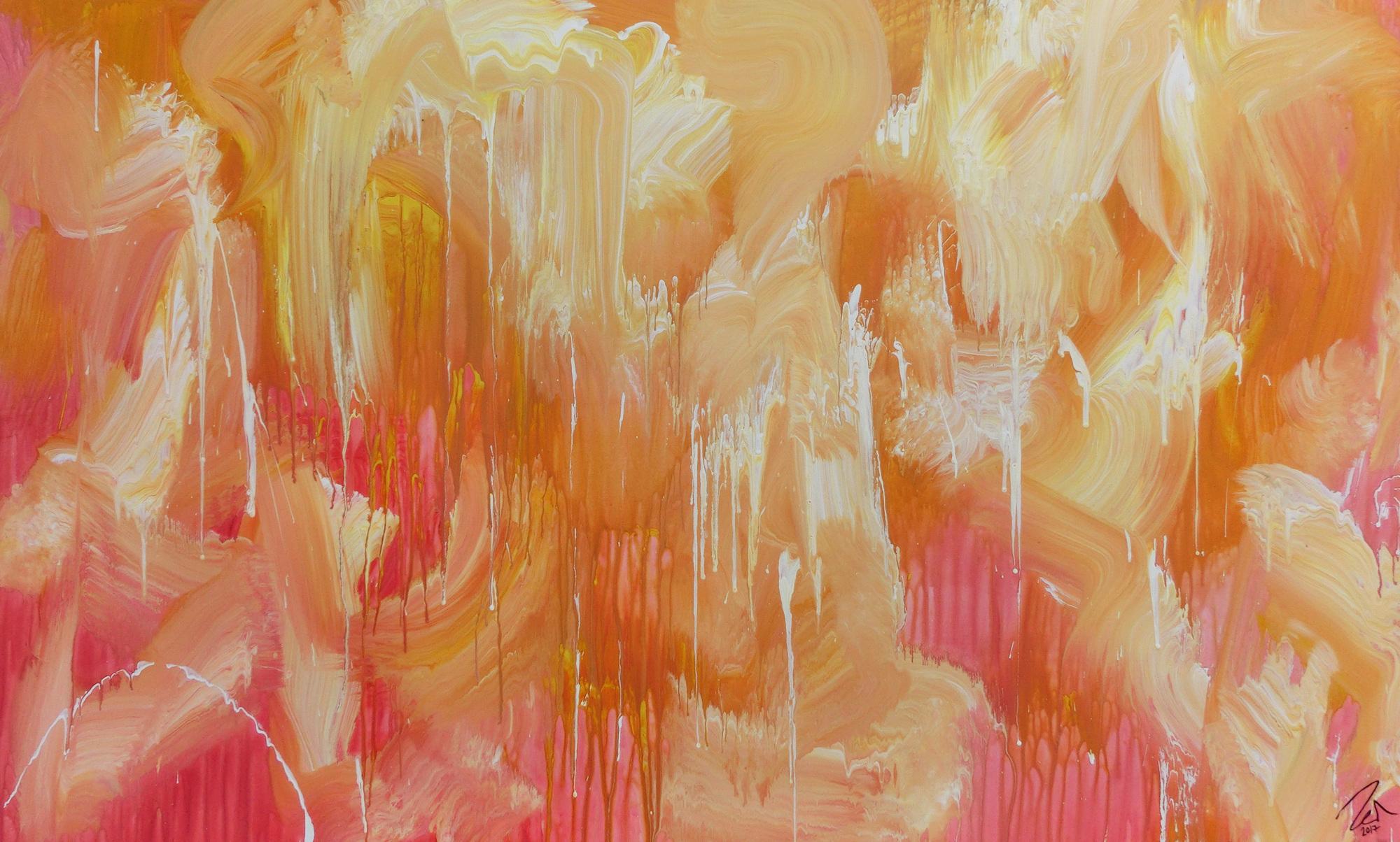 Abstraktes Acrylbilder helle Farben Rosa gelb weiß sehr modern Mischtechnik