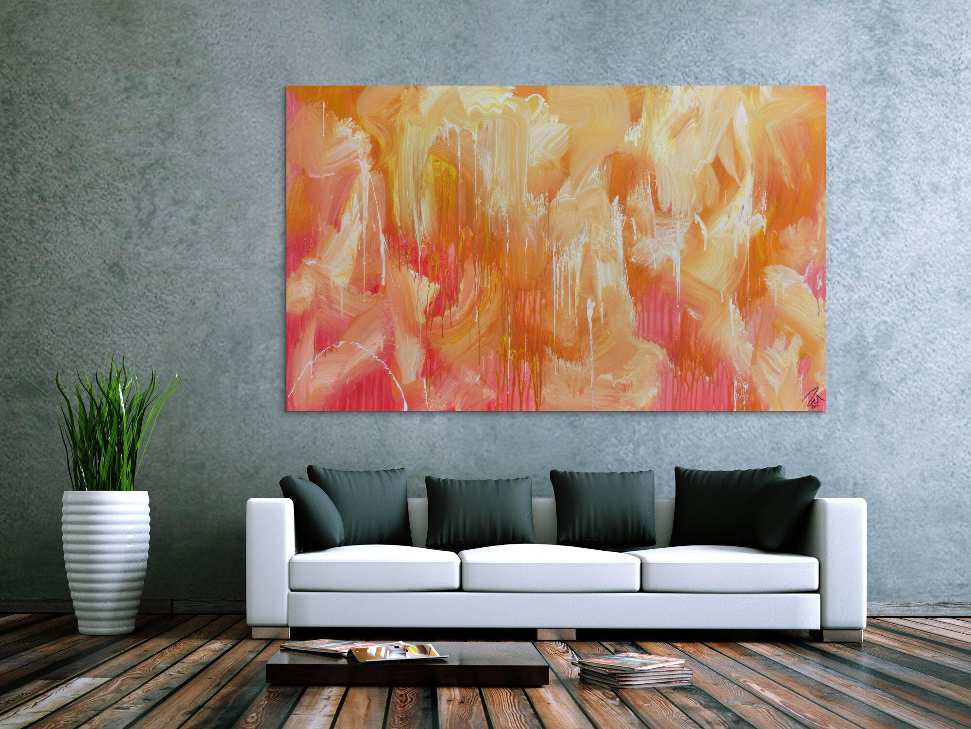 Abstraktes Acrylbilder helle Farben Rosa gelb weiß sehr modern Mischtechnik