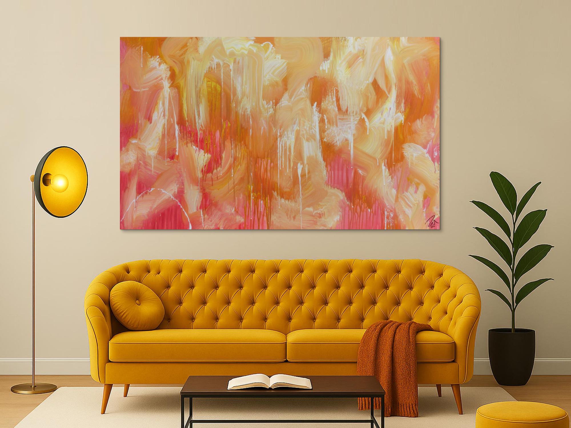 Abstraktes Acrylbilder helle Farben Rosa gelb weiß sehr modern Mischtechnik