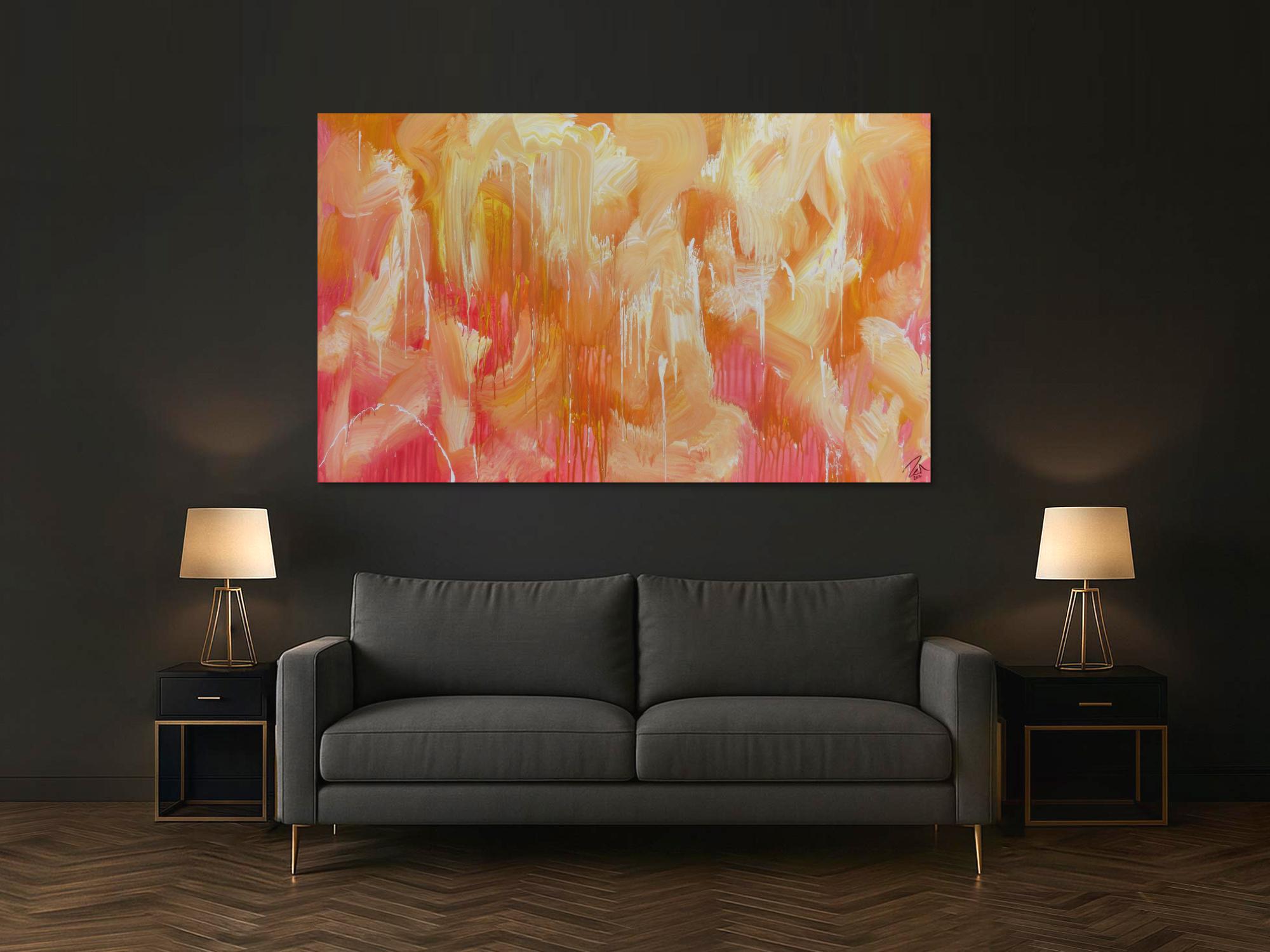 Abstraktes Acrylbilder helle Farben Rosa gelb weiß sehr modern Mischtechnik