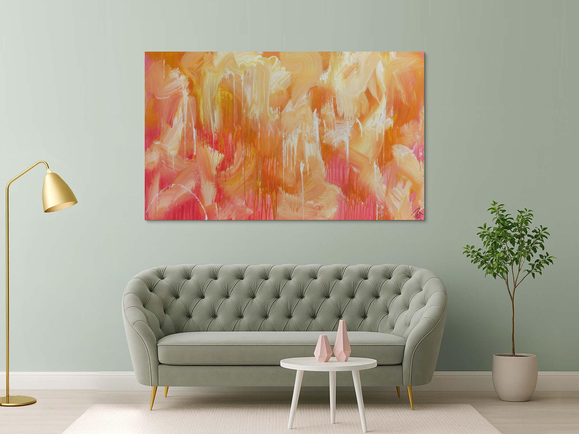 Abstraktes Acrylbilder helle Farben Rosa gelb weiß sehr modern Mischtechnik