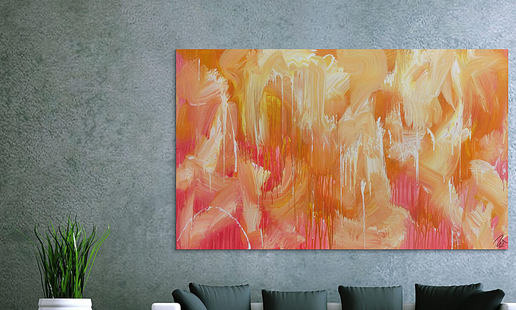 Abstraktes Acrylbilder helle Farben Rosa gelb weiß sehr modern Mischtechnik