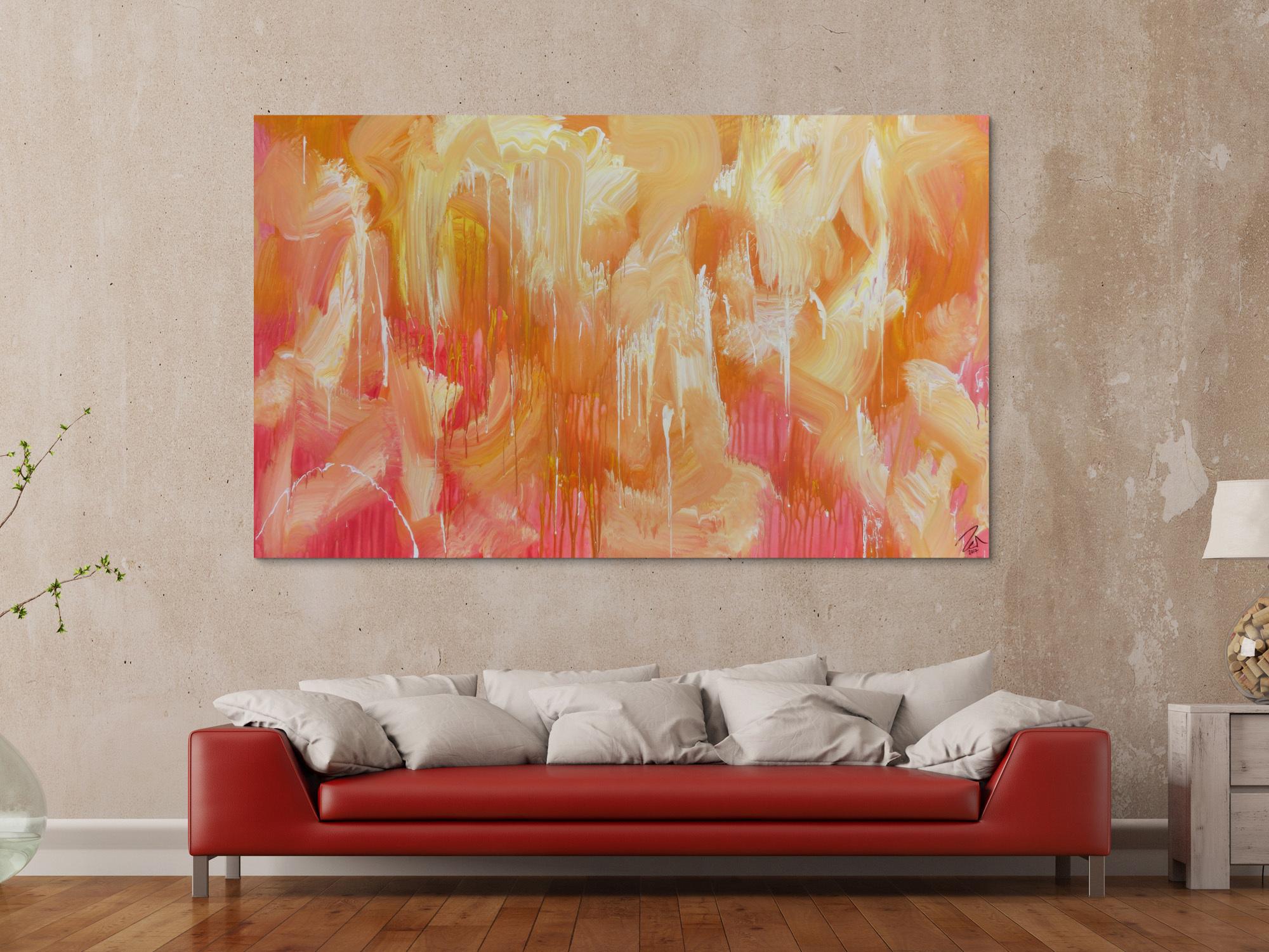 Abstraktes Acrylbilder helle Farben Rosa gelb weiß sehr modern Mischtechnik