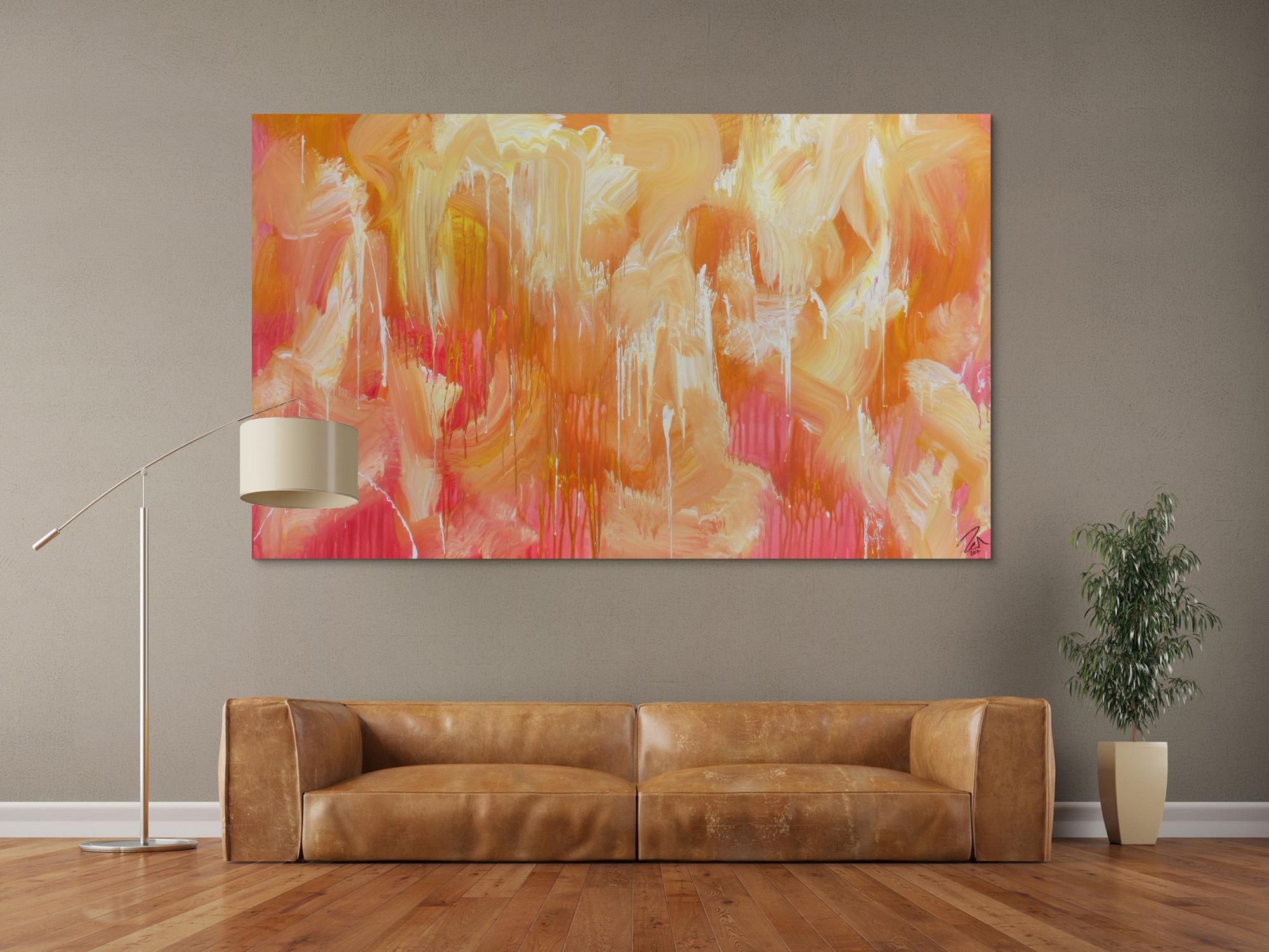 Abstraktes Acrylbilder helle Farben Rosa gelb weiß sehr modern Mischtechnik