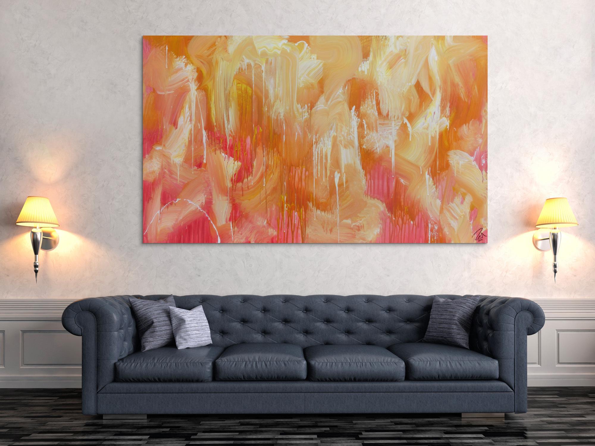 Abstraktes Acrylbilder helle Farben Rosa gelb weiß sehr modern Mischtechnik