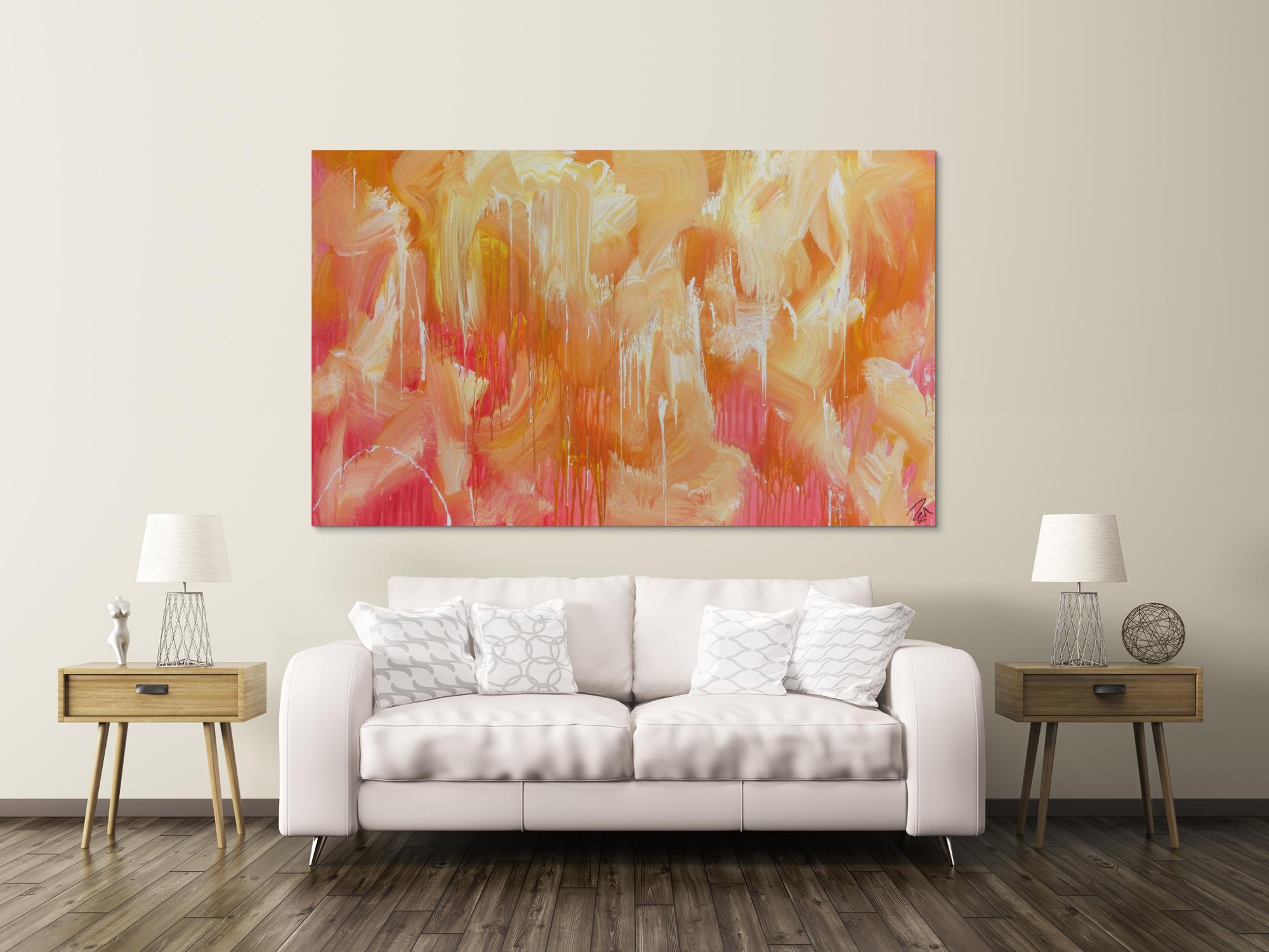 Abstraktes Acrylbilder helle Farben Rosa gelb weiß sehr modern Mischtechnik