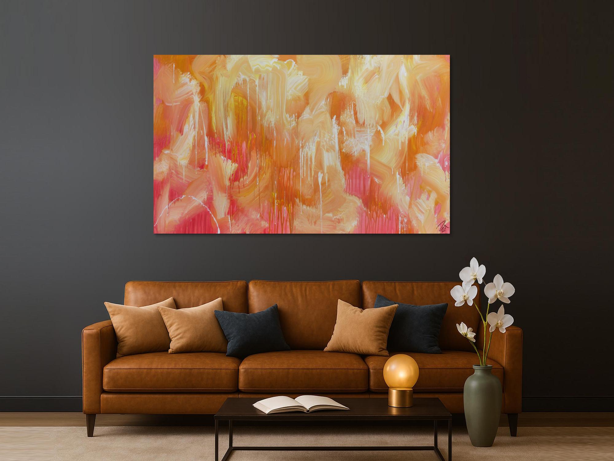 Abstraktes Acrylbilder helle Farben Rosa gelb weiß sehr modern Mischtechnik