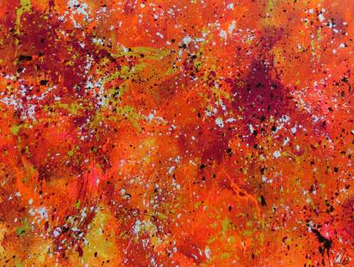 Abstraktes Acrylbild Action painting in Neonfarben orange pink gelb weiß