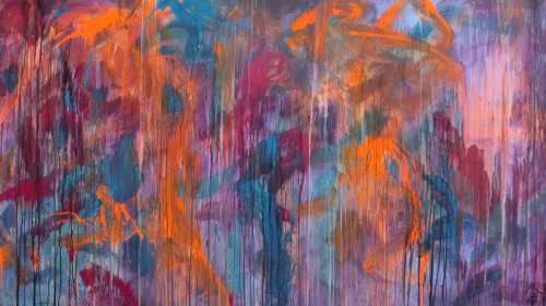 Abstraktes Acrylbild Mischtechnik sehr modern groß in lila violett orange
