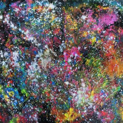 Abstraktes Acrylbild modernes Gemälde sehr bunt dunkel zeitgenössisch Mischtechnik