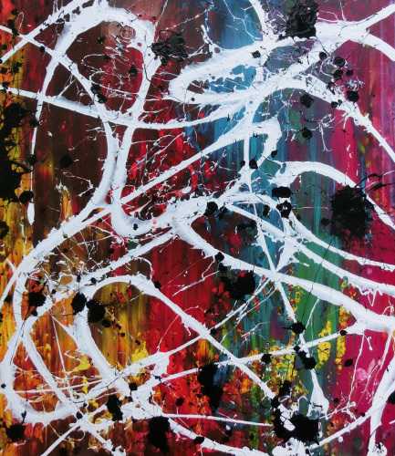 Abstraktes Acrylbild Action Painting sehr bunt viele Farben Splash Art 