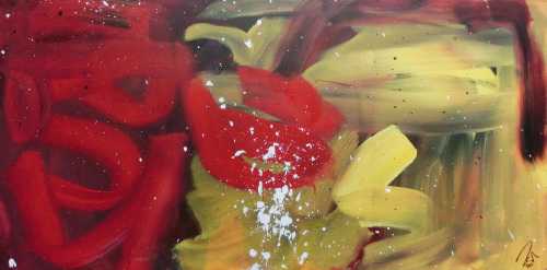 Abstraktes Acrylbild modern zeitgenössisch rot gelb braun sehr modern und schlicht