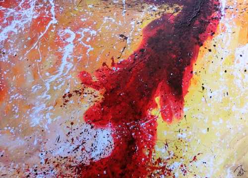 Abstraktes Acrylbild sehr modern in rot weiß schwarz gelb warme Farben
