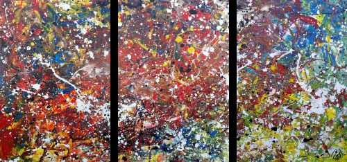Abstraktes Acrylbild sehr bunt modern Triptychon drei Teile Action Paiting