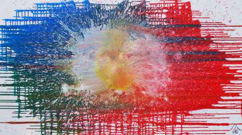 Abstraktes Acrylbild sehr modern in rot blau weiß Splash Art Fluid Painting Mischtechnik