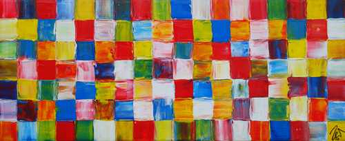 Abstraktes Acrylbild sehr bunt viele bunte Flächen Karomuster zeitgenössisch modern sehr farbig