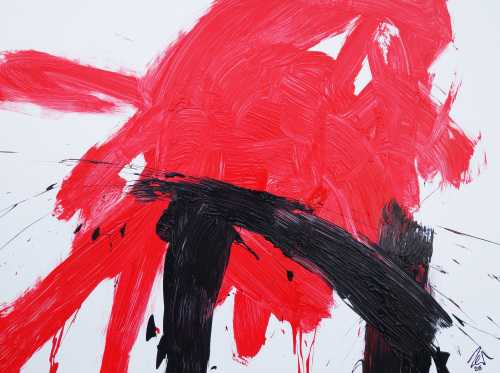 Abstraktes Acrylbild sehr modern in weiß rot schwarz zeitgenössisch Action Painting