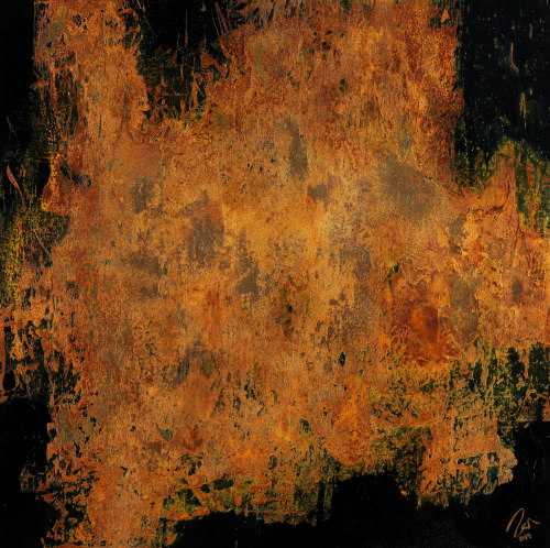 Abstraktes Gemälde aus echtem Rost auf Leinwand schwarzer Grund Rost mit Struktur handgemalt quadratisch