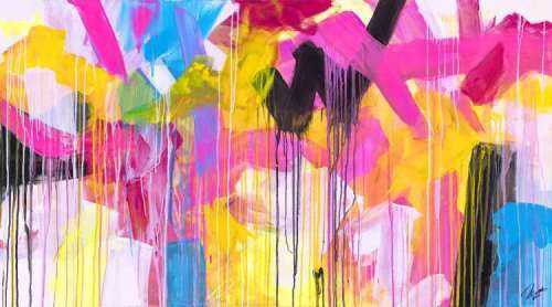 Gemälde Original abstrakt 100x180cm Mischtechnik zeitgenössisch handgefertigt  gelb pink beige Einzelstück