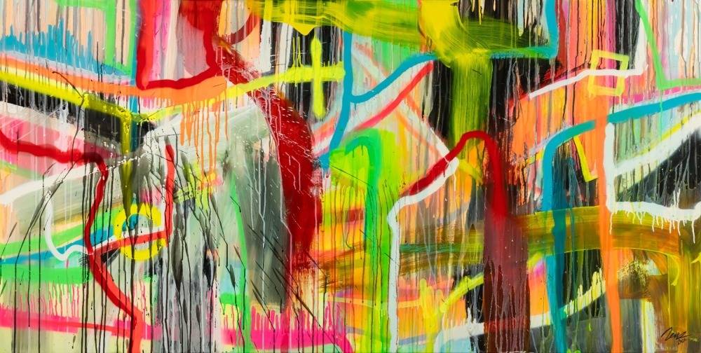 Original Gemälde abstrakt 100x200cm Action Painting zeitgenössisch auf Leinwand Spray Mischtechnik bunt neon einzigartig