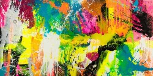 Abstraktes Original Gemälde 100x200cm Action Painting Modern Art handgemalt Mischtechnik neon bunt viele Farben