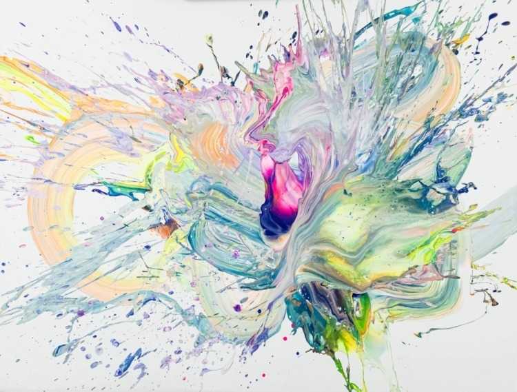 Abstraktes Original Gemälde 100x130cm Action Painting Moderne Kunst handgemalt Fluid Painting weiß hellgrün beige hochwertig