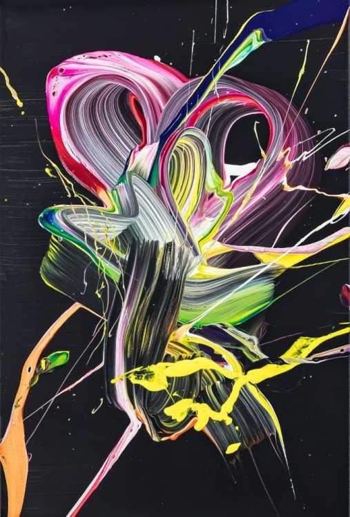Original Gemälde abstrakt 60x40cm Action Painting zeitgenössisch handgefertigt Fluid Painting schwarz gelb pink Unikat