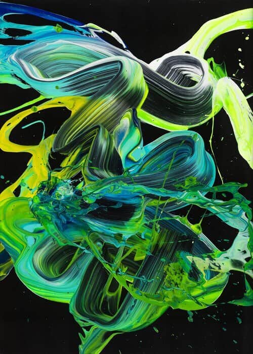 Abstraktes Original Gemälde 70x50cm Action Painting Modern Art handgemalt Fluid Painting schwarz türkis grün Einzelstück
