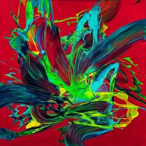 Gemälde Original abstrakt 80x80cm Action Painting zeitgenössisch handgemalt Fluid Painting rot hellgrün türkis einzigartig
