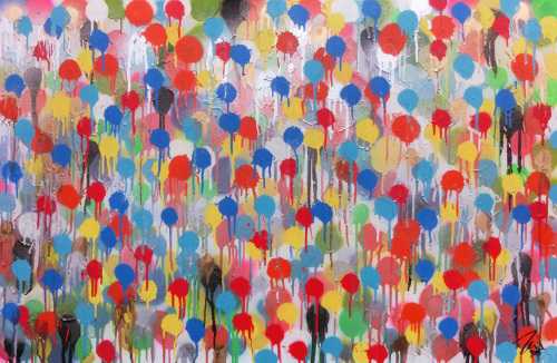 Modernes Kunstwerk abstrakt mit vielen Farben bunte Punkte aus Spraydose