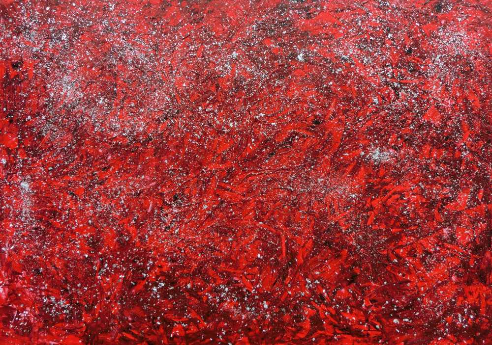 Modernes abstraktes Acrylgemälde in rot und silber