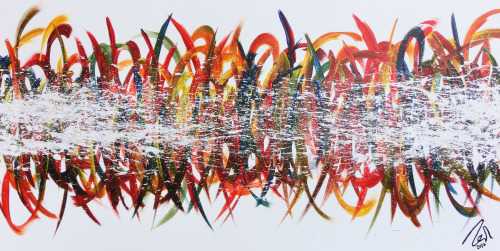 Abstraktes Acrylbild sehr bunt farbenfroh moderne Schleifen und Haken Action Painting